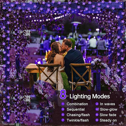 Decorative Connectable 33ft Purple Flower String Lights with 100 LEDs, Memory Function & 8 Modes. Perfect for Bedroom, Christmas, Weddings, Valentine's & Garden Indoor Outdoor Hanging Decorations