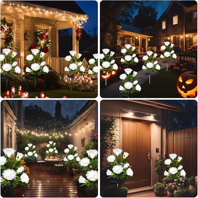 DWH 2 Pack Solar Garden Lights Outdoor, 7-Flower Rose LED Stake Light for Yard Patio Pathway Lawn Fence Cemetery, White