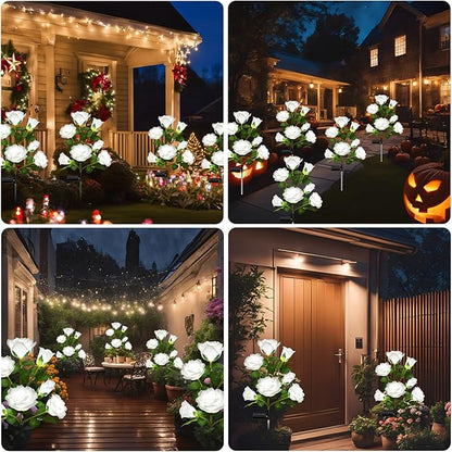 DWH 2 Pack Solar Garden Lights Outdoor, 7-Flower Rose LED Stake Light for Yard Patio Pathway Lawn Fence Cemetery, White