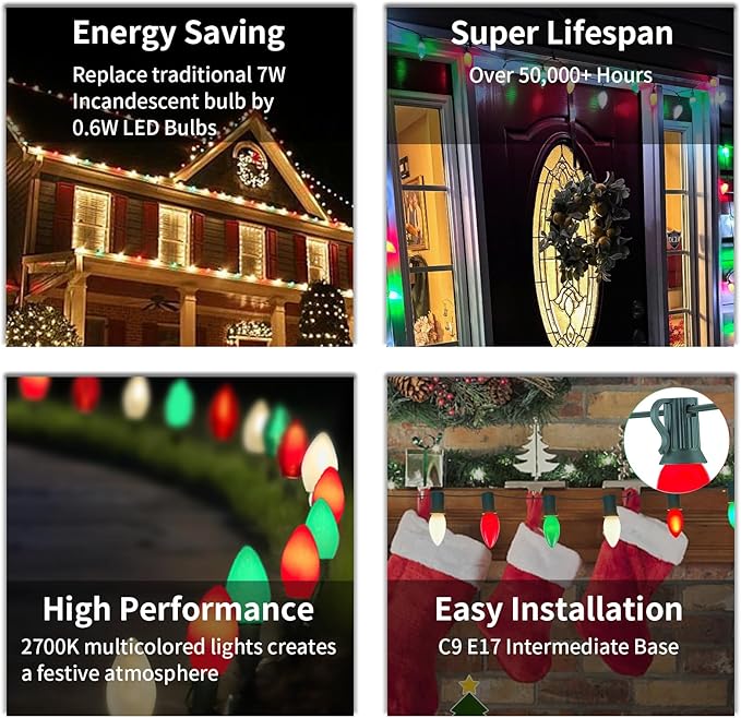25Ft C9 LED Christmas Lights Outdoor Indoor, Multicolor Red Green White Vintage String Lights, Connectable Holiday | Lumora