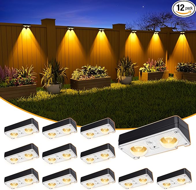 Solar Fence Lights Outdoor Waterproof, 80 Lumens Solar Lights for Fence with Warm White & RGB 8 Colors,Outdoor Solar Light for Deck, Patio, Backyard, Fence, Railing (12-Pack-Black)