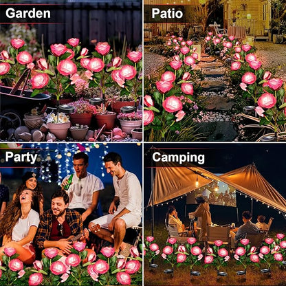 Anordsem Solar Garden Lights Outdoor: 10 Artificial Fabric Pink Roses Flowers 2 Pack- LED Flower Decorations for Cemetery Grave Pathway Yard- Birthday Gifts for Women, Wife and Mother
