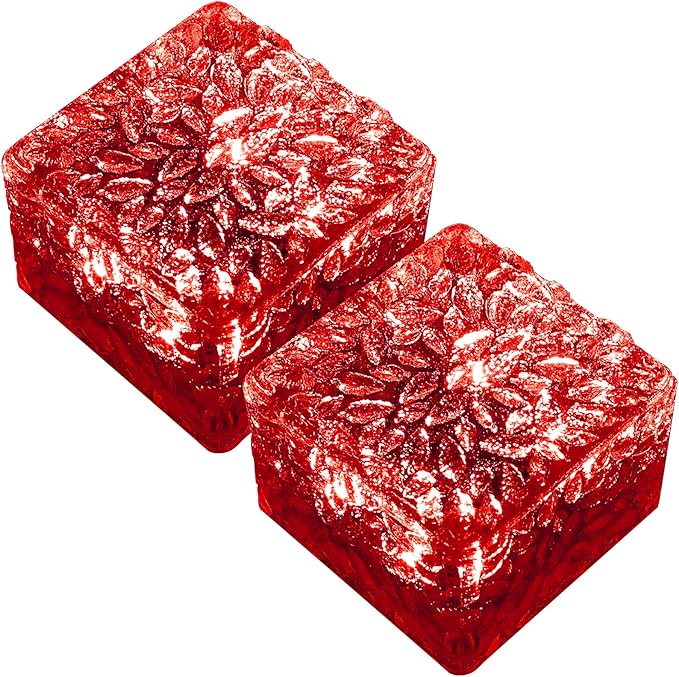 keeda Solar Brick Lights Waterproof Solar Path Ice Cube Lights Outdoor LED Decorative Ice Block Floor Tile Lights for Garden, Pathway, Patio, Walkway (Red, Pack of 2)