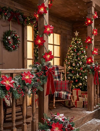Christmas Red Flower String Lights Plug in, 8.5Ft Red Christmas Decorations Lights Outdoor with 10 LED Flowers Lights, Hanging Flowers Fariy String Lights for Holiday Party Window Home Birthday Decor