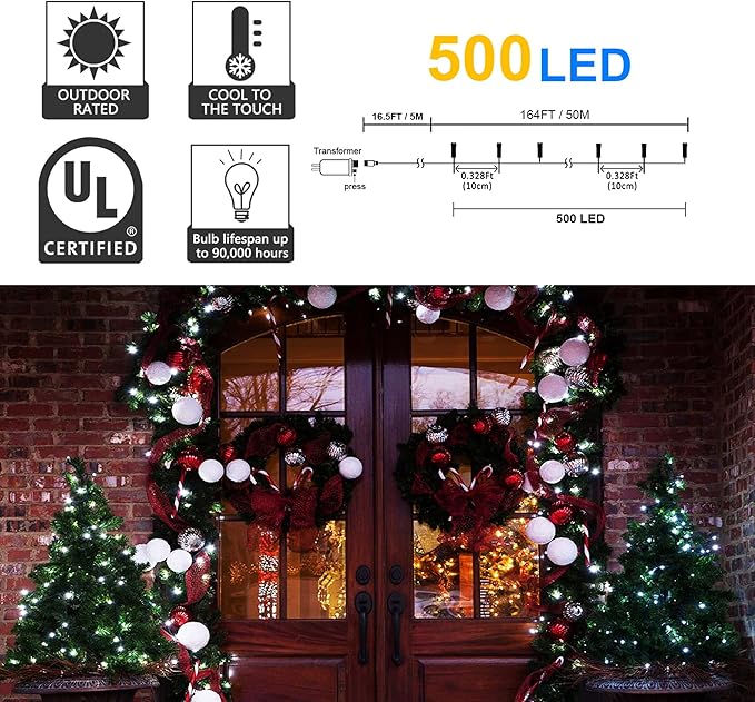 164Ft 500 LED White Christmas Lights, Waterproof 8 Twinkle with Memory Functions Christmas Tree Lights for Indoor | Lumora