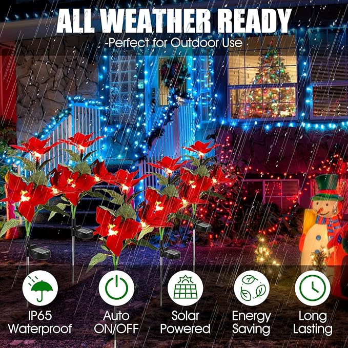 Baquler 12 Pcs Solar Poinsettia Stakes Lights, IP65 Waterproof Solar Flower Landscape Lighting Simulation LED Light Suitable for Christmas Pathway Garden Yard Lawn Outdoor Decoration