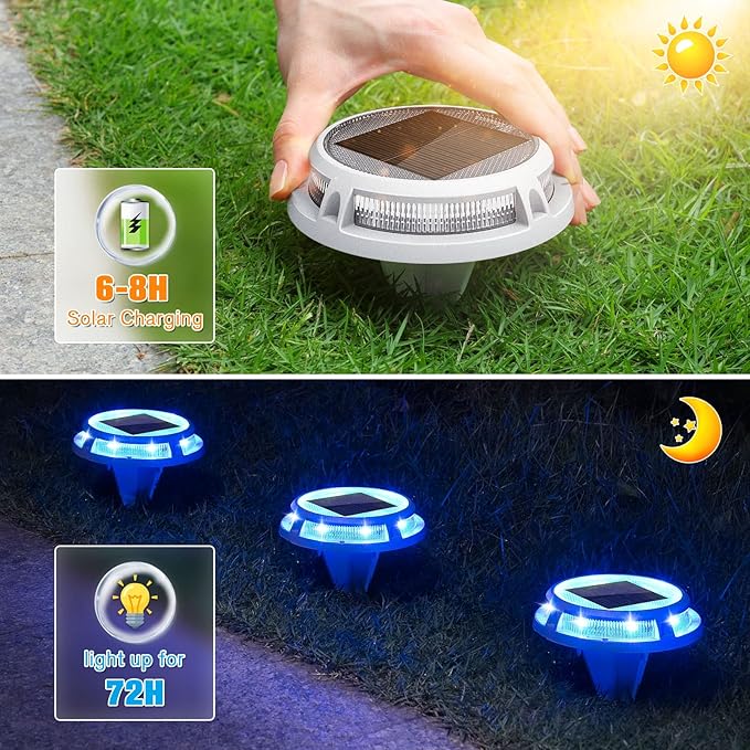 VOLISUN Solar Driveway Lights Dock Outdooor Waterproof Marker Lights,12 Pack Solar Deck Light 2 Colors in 1 Led IP67, Blue Step Light for Driveway Sidewalk Pathway Yard(White/Blue)