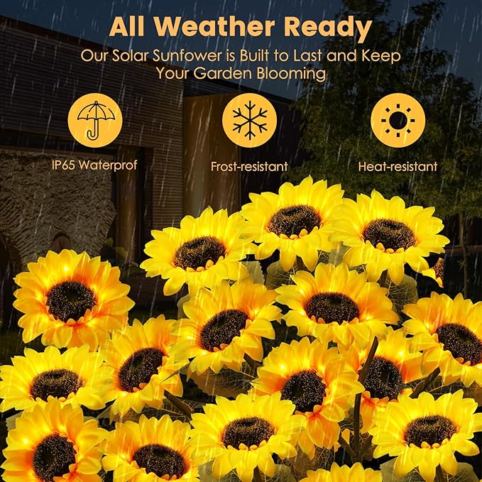 2 Pack Waterproof Solar Sunflower Garden Lights with 3 Stakes, Outdoor Decorative Lighting for Patio & Lawn | Lumora