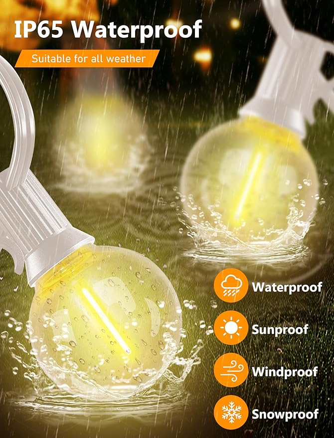 Outdoor String Lights - 100 Ft Waterproof Connectable Commercial LED Patio Lights with 50 G40 Shatterproof Bulbs, Hanging Globe Light for Outside Backyard Porch Party Decoration