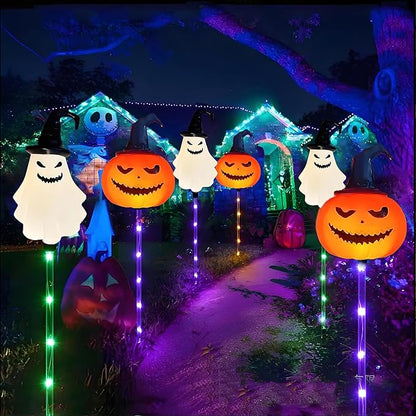6Pack Halloween Solar Garden Pathway Lights Outdoor Landscaped LED Lighted Path Solar Powered Pumpkin Ghosts with Witches Hats Light Yard Porch Color Changing Lights for Outside Lawn Walkway