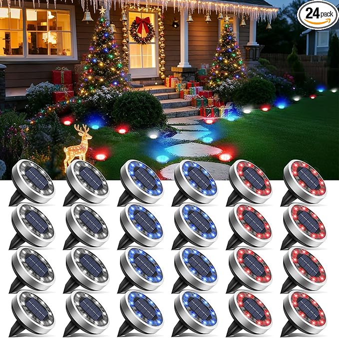 btfarm 24 Pack Solar Lights Outdoor, 8 LED Solar Ground Lights IP65 Waterproof Flat Solar Disc Light, Pathway | Lumora