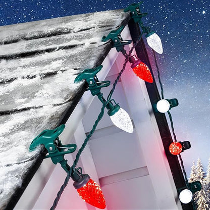 C9 LED Christmas Lights Outdoor, 68 Feet 100 LED C9 String Light with 100 Spring Clips, Waterproof Connectable Christmas Tree Lights for Outside Roofline Patio Home Xmas Decor, Red & Pure White