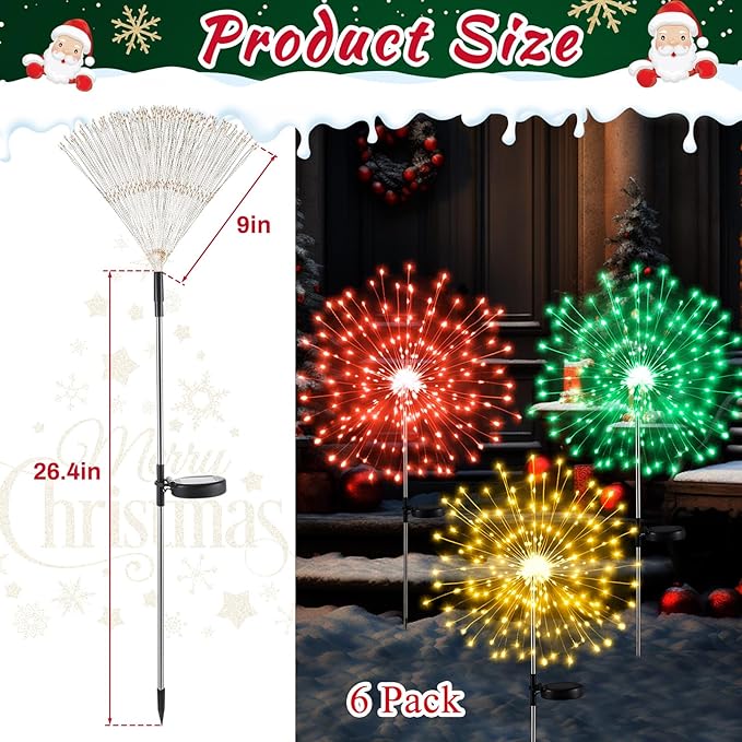 6 Pcs Mardi Gras Solar Firework Lights Solar Lights Outdoor Garden 120 LED 8 Modes Waterproof LED Sparkler Outdoor for Carnival Patio Yard Pathway Walkway (Red,Yellow,Green)