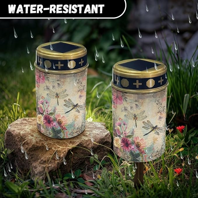 Vintage Dragonfly Cemetery Solar Lights, Solar Powered Garden Stake Lights, Multi-Color Decorative Lights for Cemetery Grave Yard Patio Outdoor Decoration Memorial