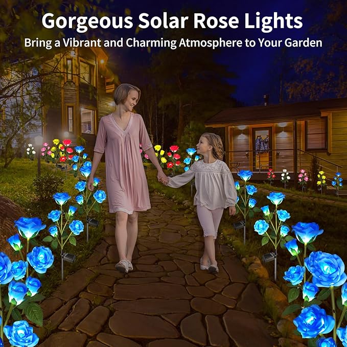 Solar Garden Flower Lights Outdoor with More Realistic 10 Rose Waterproof for Outside Patio Yard Pathway Decorations, 2 Pack Blue