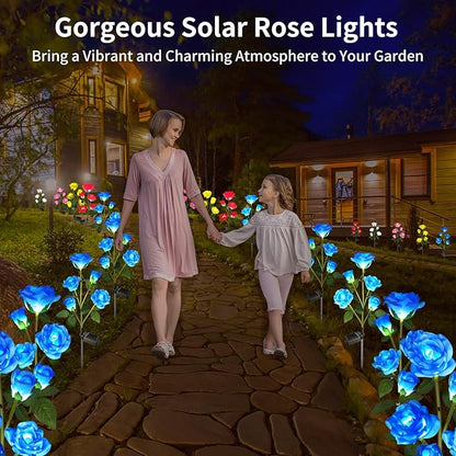 Solar Garden Flower Lights Outdoor with More Realistic 10 Rose Waterproof for Outside Patio Yard Pathway Decorations, 2 Pack Blue