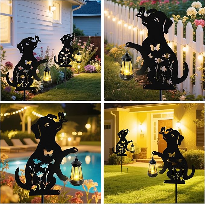 Solar Lights Outdoor, 2 Pack Metal Dog Solar Lights, Birthday Gifts for Women Mom Mother's Day, Waterproof Metal Hanging Lantern Stakes Garden Decor Outside Patio Yard Pathway Backyard,Lawn