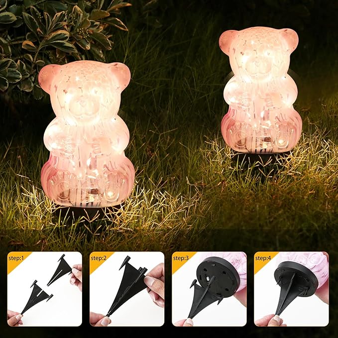 Solar Lights Outdoor, Cracked Glass Bear Lights for Garden, Outside, Decorative LED Decorations for Patio and Yard Lawn Backyard Decor, Waterproof, Pink