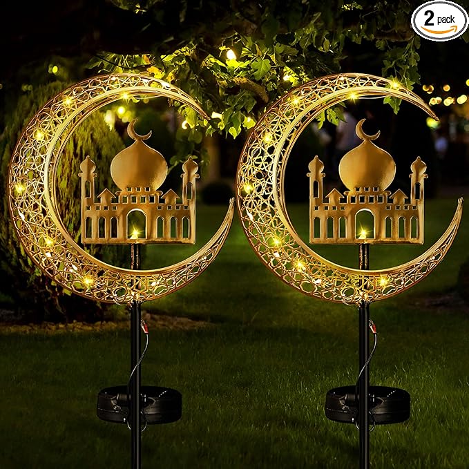2 Pcs Ramadan Solar Lights Ramadan Decorations Outdoor Mubarak Star Moon Solar Stakes Lights Waterproof for Eid Decorations Outdoor Garden Walkway Lawn Patio Yard(Muslim)