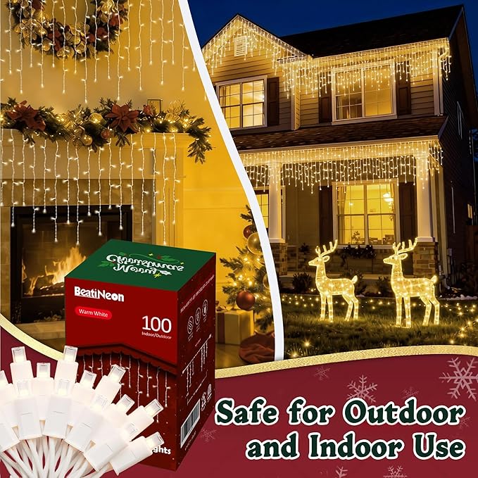 7ft Icicle Lights, 70 LED Warm White Twinkle String Light, Commercial Grade IP68 Waterproof, Soft Glow Mini LED Icicle Lights for Christmas Party, Eaves, Roofs, Xmas Holiday Indoor Outdoor Decoration