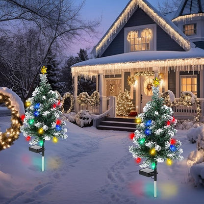 Baquler 2 Pcs Solar Christmas Tree Garden Stake Lights Outdoor Christmas Tree Lighted Yard Decorations Multicolor LED Solar Stakes for Pathway Lawn Patio Xmas Ornament(Strawberry)