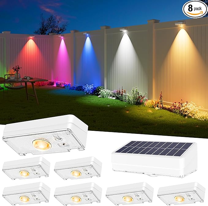 Solar Fence Lights Outdoor, 8 Pack, 50LM Ultra Bright, 3 Color Temperatures & RGB, IP65 Waterproof, Dusk-to-Dawn Solar Powered Fence Lights for Patio, Railing (White)