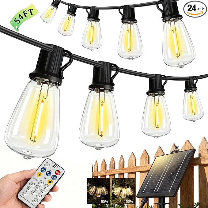 54(48+6) FT Solar String Lights Outdoor IP65Waterproof, Garden LightUSB & Solar Charging,With Remote And 24+2 LED Shatterproof Bulb 8 Light Modes,Dimmable solar lights,Decoration For Camping Backyard