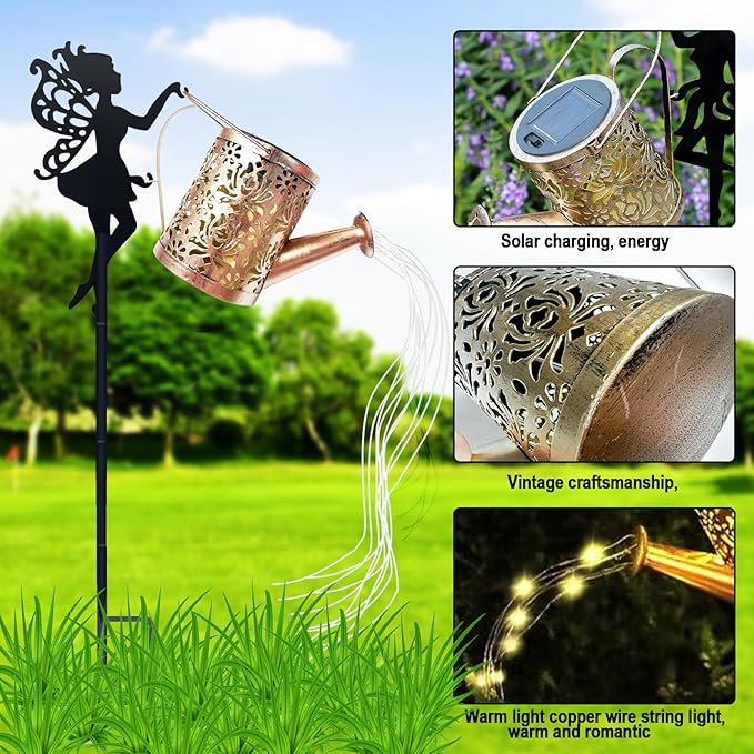 2 Pack Solar Garden Lights, Fairy Sprinkling Water Lights with 6x6 LEDs, Solar Powered Pathway Lights with Iron Fairy Decor for Yard, Garden, Patio Décor (2 Fairy Lamps)