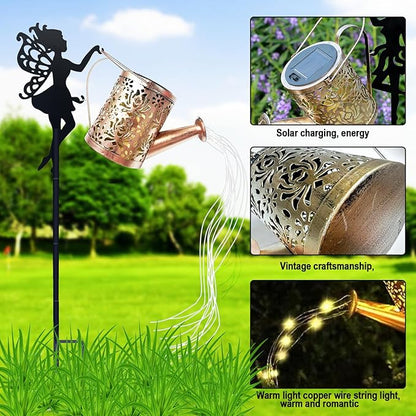 2 Pack Solar Garden Lights, Fairy Sprinkling Water Lights with 6x6 LEDs, Solar Powered Pathway Lights with Iron Fairy Decor for Yard, Garden, Patio Décor (2 Fairy Lamps)