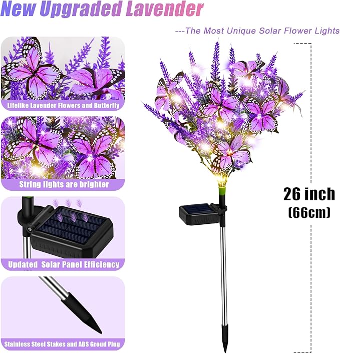 Solar Garden Lights Outdoor 4 Pack Lavender Butterfly Lights, Solar Artificial Flower Outdoor Waterproof Decoration Gardening Gifts for Women, Yard Patio Pathway Lawn Courtyard Decoration