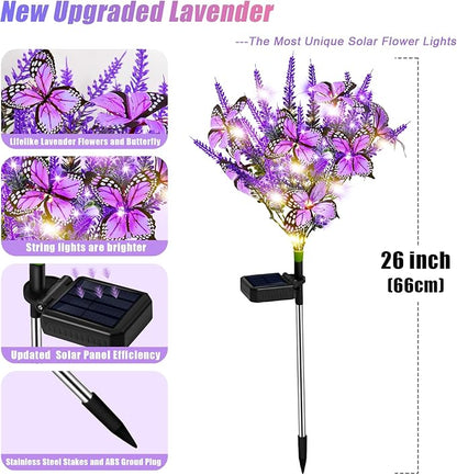 Solar Garden Lights Outdoor 4 Pack Lavender Butterfly Lights, Solar Artificial Flower Outdoor Waterproof Decoration Gardening Gifts for Women, Yard Patio Pathway Lawn Courtyard Decoration