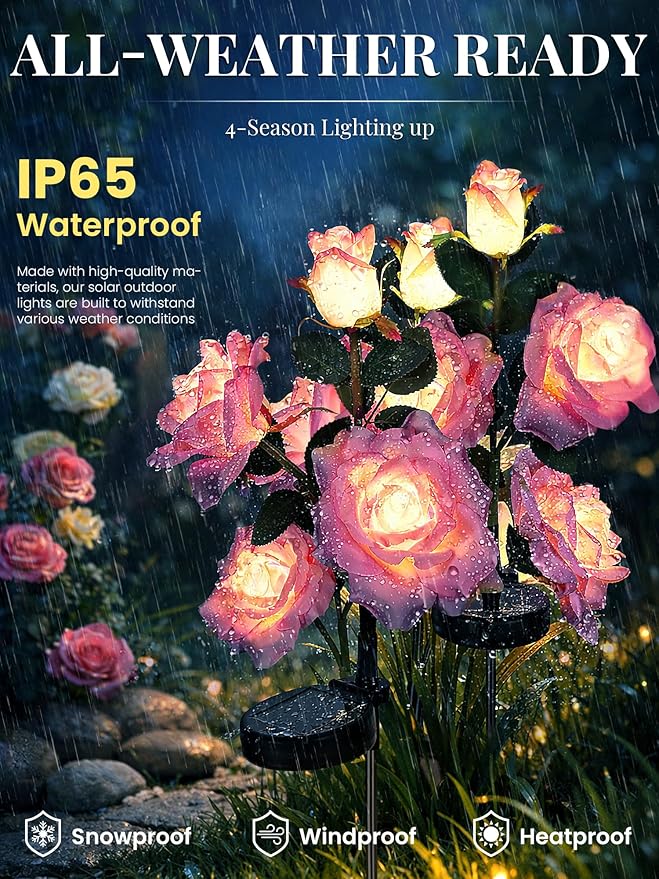 GIGALUMI Solar Lights Outdoor for Garden Decor, 3 Pack Solar Flower Lights Waterproof, 2 Lighting Modes 9 Rose Flowers for Pathway,Yard, Patio Decoration, Gardening Gifts for Women (Purple)
