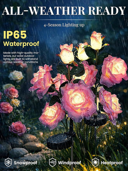 GIGALUMI Solar Lights Outdoor for Garden Decor, 3 Pack Solar Flower Lights Waterproof, 2 Lighting Modes 9 Rose Flowers for Pathway,Yard, Patio Decoration, Gardening Gifts for Women (Purple)