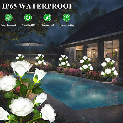 DWH 2 Pack Solar Garden Lights Outdoor, 7-Flower Rose LED Stake Light for Yard Patio Pathway Lawn Fence Cemetery, White