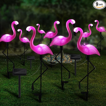 Geelin 9 Packs Pink Flamingo Solar Outdoor Light Decoration IP55 Waterproof Flamingo Solar Stake Lights LED Solar Powered Pathway Lights for Garden Yard Patio Lawn Walkway Driveway (Classic)