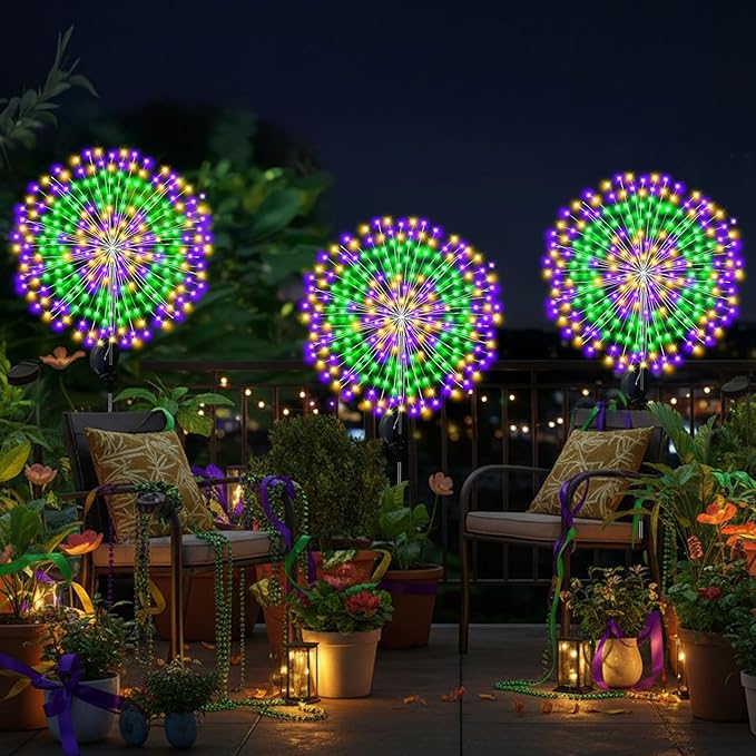 3 Pack Mardi Gras Solar Firework Lights 120 LED 8 Modes Waterproof Multicolor Mardi Gras Solar Stake Lights Outdoor Landscape Lamp for Garden Yard Patio Pathway Lawn Carnival Decoration