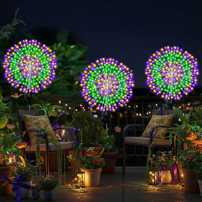 3 Pack Mardi Gras Solar Firework Lights 120 LED 8 Modes Waterproof Multicolor Mardi Gras Solar Stake Lights Outdoor Landscape Lamp for Garden Yard Patio Pathway Lawn Carnival Decoration