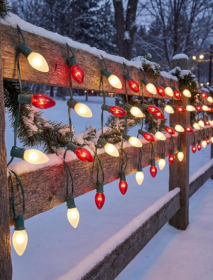 25Ft C9 Christmas Lights Outdoor, Vintage Multicolor String Lights with 26 C9 Clear Red/Frosted White Bulbs for Christmas Tree, Roofline, Garden, Patio, Cafe, Xmas Decorations