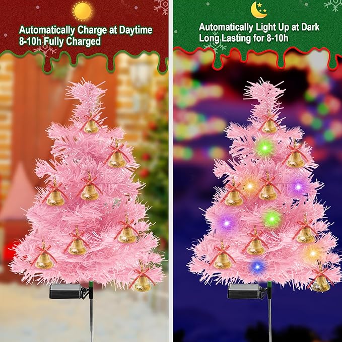 TONULAX Solar Christmas Tree Lights, Outdoor Christmas Decorations for Yard & Garden, Solar Powered Pink Color Christmas Tree Pathway Lights for Front Door & Lawn Decor (2 Pack)