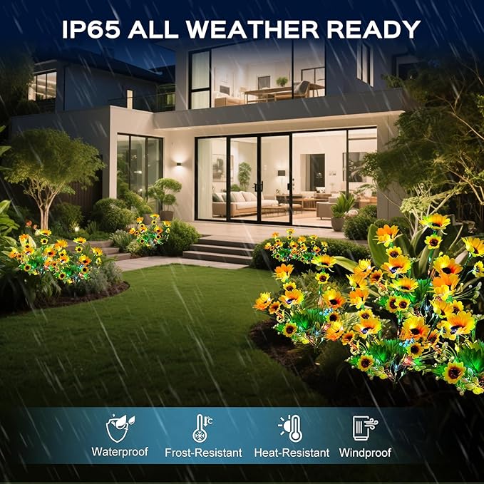 4 Pack Solar Garden Lights Outdoor, Colorful LED Waterproof Solar Powered Sunflowers Landscape Lights for Outside Yard, Patio, Pathway Decorative, Décor, Gifts, Two Lighting Modes