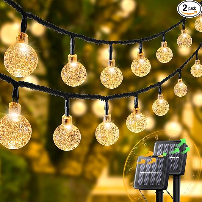 2-Pack 30 LED 20FT Solar String Lights Outdoor, Crystal Globe Lights with 8 Lighting Modes, Waterproof Solar Powered Patio Lights for Garden Yard Porch Wedding Party Decor (Warm White)