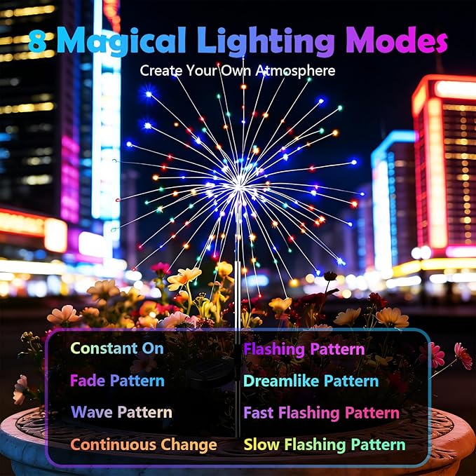 2 Pack Solar Firework Lights Outdoor - Verified 200 LED & 8 Modes - Starburst Solar Powered Garden Lights | Lumora