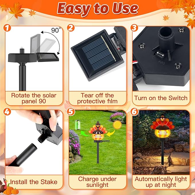 1 Pack Thanksgiving Turkey Pumpkin Solar Lights Outdoor Decoration Hand Painted Turkey Solar Stakes Lights for | Lumora