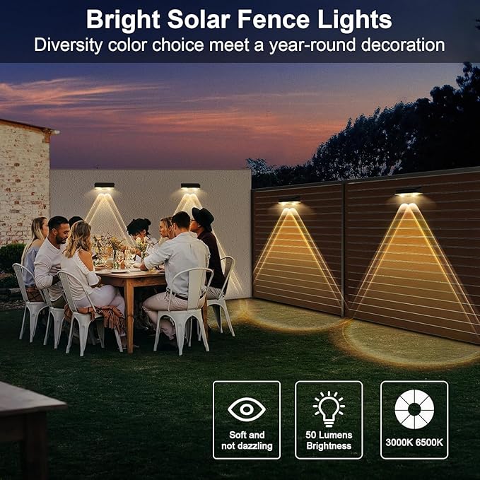 Solar Fence Lights Outdoor Waterproof, 12 Pack, Adjustable Color Temperature 3000K/4000K/6000K, LED Step Lights for Patio Yard Wall Railing Garden, Auto On/Off