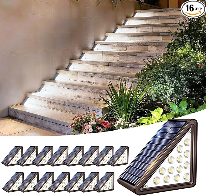 Brown Solar Step Light Outdoor Stair Lights, Deck Lights Outdoor Powered IP65 Waterproof, 6500K Cool White Solar Outdoor Step Light, Decor for Stair, Deck, Step,Porch and Outside Patio,16 Pack