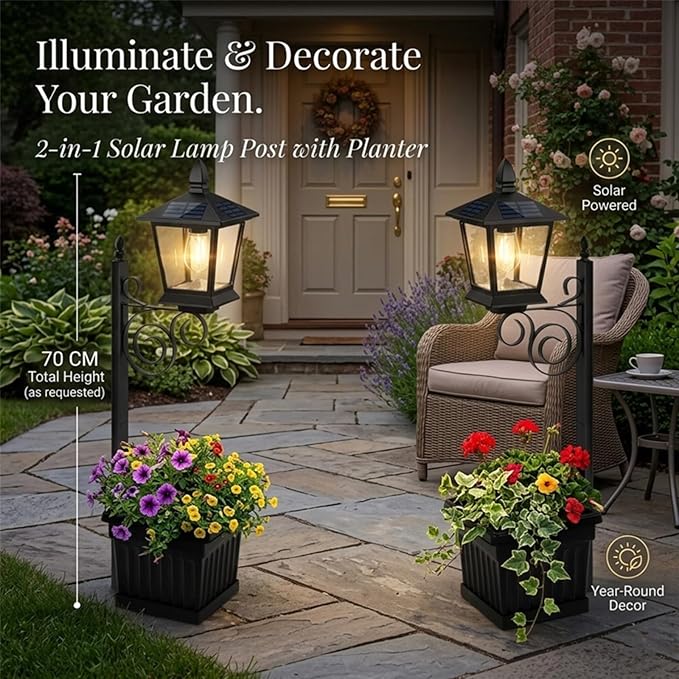 2-in-1 Outdoor Solar Lamp Post Light with Planter: Illuminate & Decorate Your Garden, 2-in-1 Solar Lamp Post with Planter, Solar Post Light with Planter, for Patio, Front/Back Door Decor (2 Set)