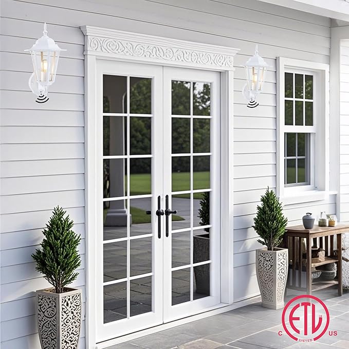 GRUENLICH Dusk to Dawn Outdoor Wall Sconce, Exterior Front Porch Lighting with Clear Glass, White Aluminum Outside | Lumora