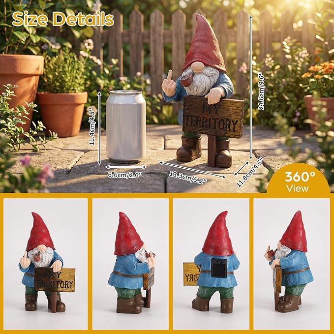 Lavezee Funny Garden Gnome, Middle Finger Gnomes Statue with Solar Lighted Sign – “My Territory” for Patio Backyard Porch Outdoor, Humorous Housewarming Birthday Gifts for Men Dad Husband
