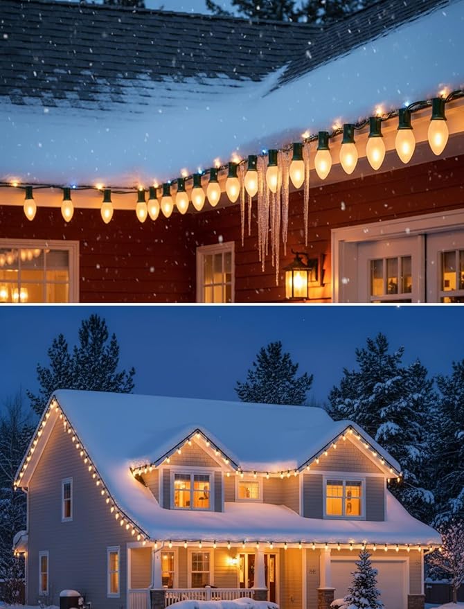 25FT C7 LED Christmas Lights,Frosted White LED C7 Christmas String Lights with 27 LED Bulbs,Commercial Hanging Lights Candle House Porch Balcony Party Decor