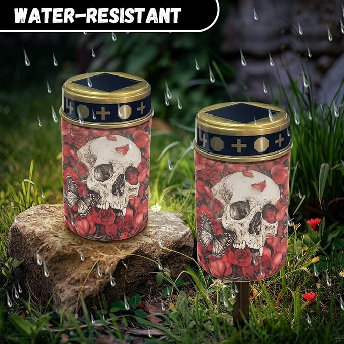 Skull Rose Solar for Cemetery Grave Memorial Stake Solar Lights Waterproof Outdoor Garden Stake Solar Cemetery Cross for Grave Yard Decorations